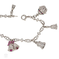1920s platinum and multi-gem bell charm bracelet