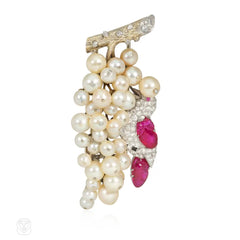 1930s J. E. Caldwell ruby, diamond, and pearl grape cluster brooch