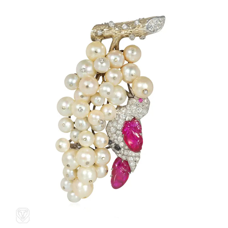 1930S J. E. Caldwell Ruby Diamond And Pearl Grape Cluster Brooch