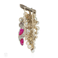 1930s J. E. Caldwell ruby, diamond, and pearl grape cluster brooch