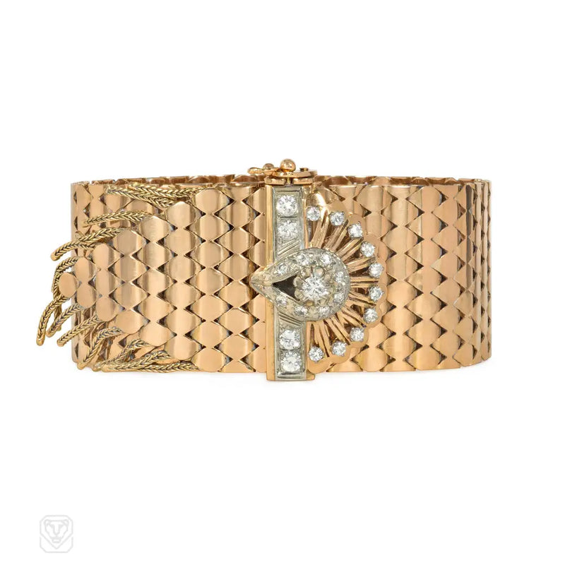 1940S French Gold And Diamond Adjustable Fringe Bracelet