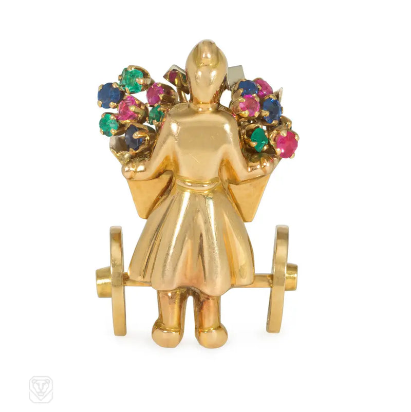 1940S Mellerio Multi - Gem And Gold Flower Cart Brooch