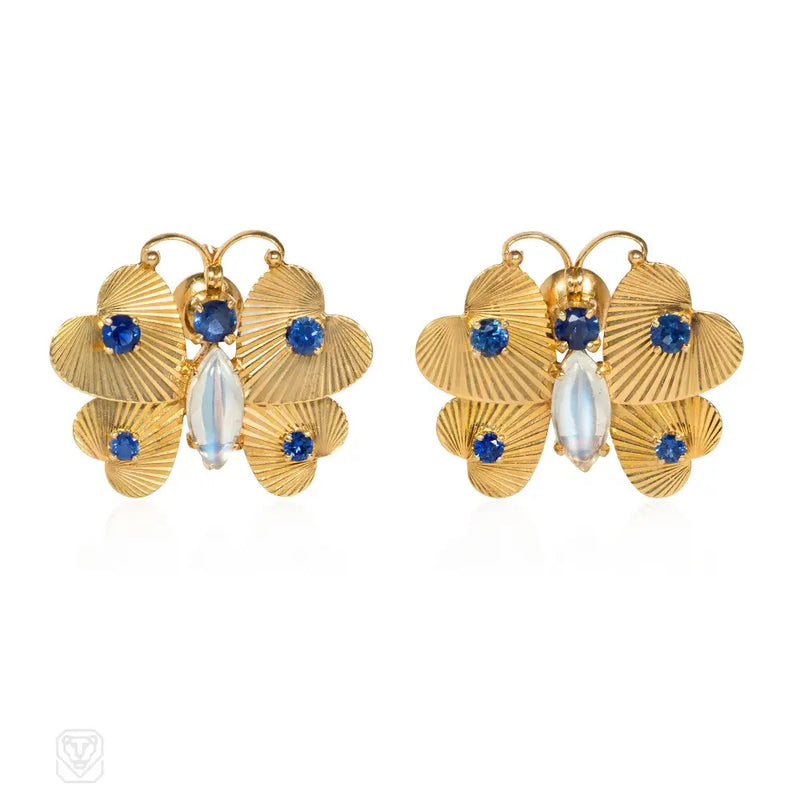 1940S Moonstone Sapphire And Gold Butterfly Earrings
