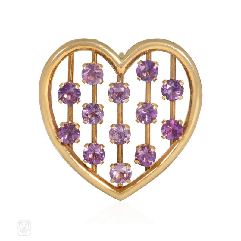 1940S Tiffany Gold And Amethyst Heart Brooch Convertible To Pendant