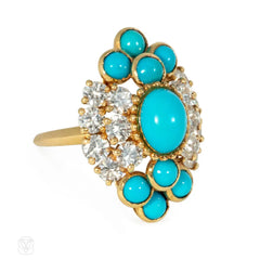1950s Boucheron diamond and turquoise cluster ring