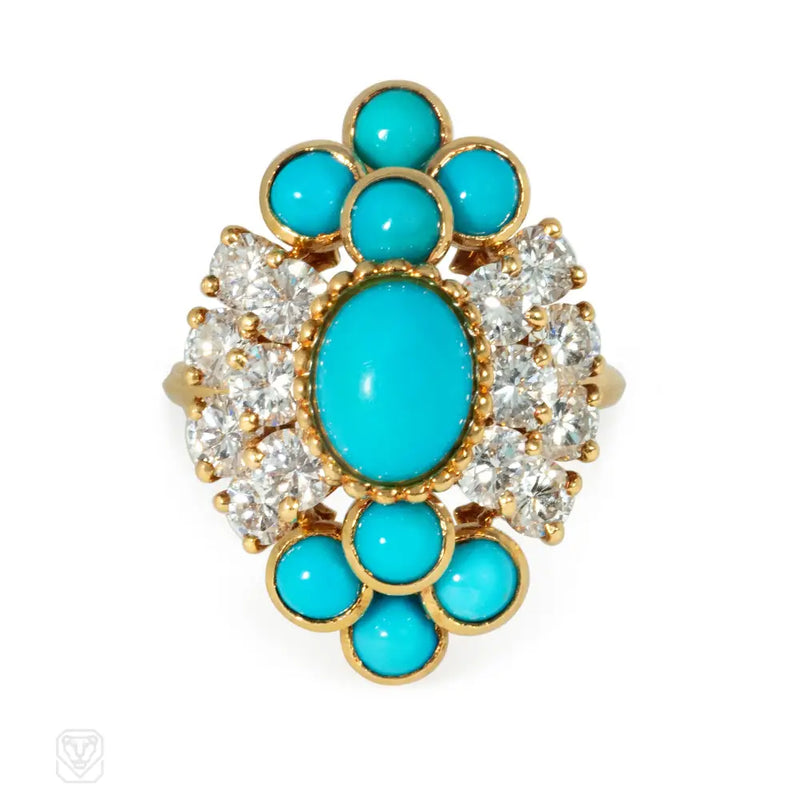 1950S Boucheron Diamond And Turquoise Cluster Ring