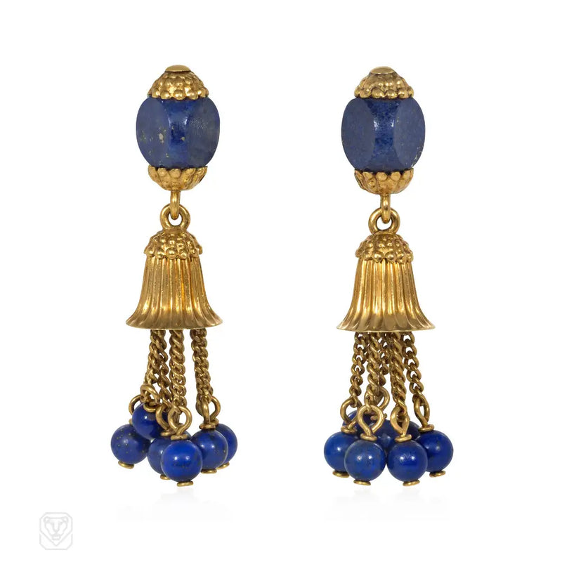 1950S Carlo Weingrill Italian Lapis And Gold Tassel Earrings