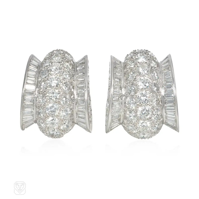 1950S Pavé Diamond Oval And Scroll Clip Earrings