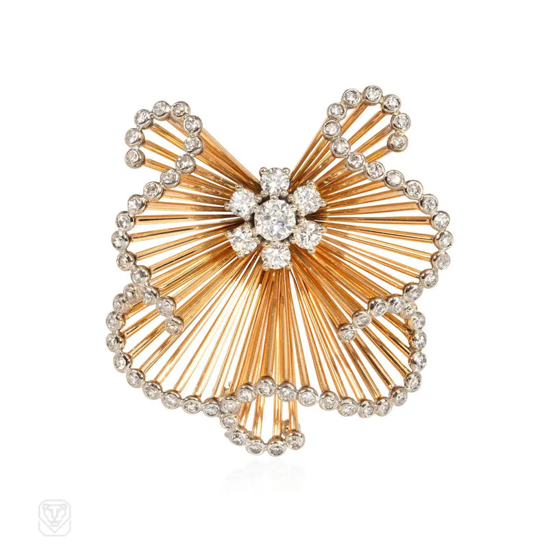 1950S Tiffany Gold And Diamond Scroll Brooch