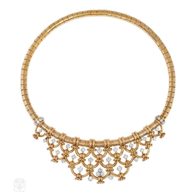 1950S Verger Frères Diamond And Gold Bib Necklace