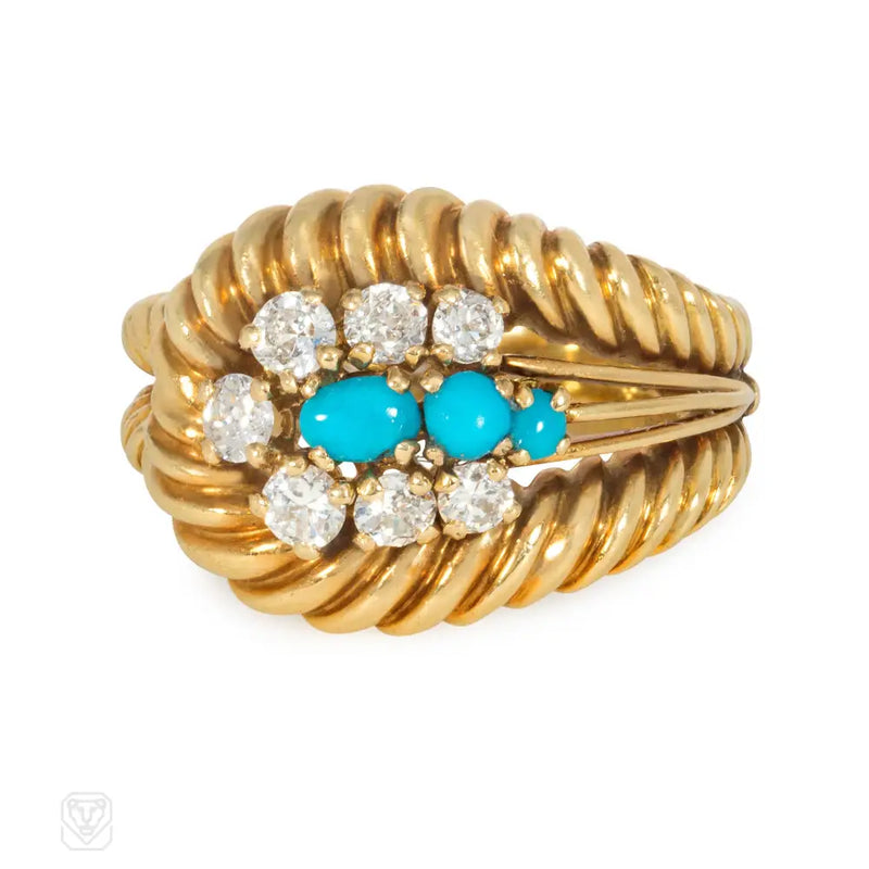 1960S Cartier Gold Diamond And Turquoise Tapered Ring