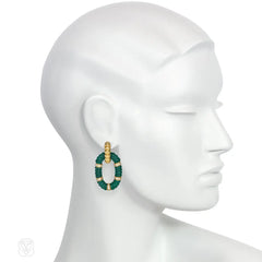 1980s Bulgari gold, diamond, and chrysoprase doorknocker hoop earrings