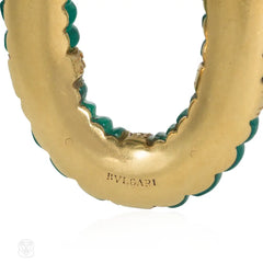 1980s Bulgari gold, diamond, and chrysoprase doorknocker hoop earrings