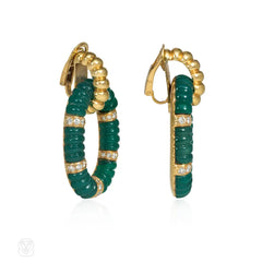 1980s Bulgari gold, diamond, and chrysoprase doorknocker hoop earrings