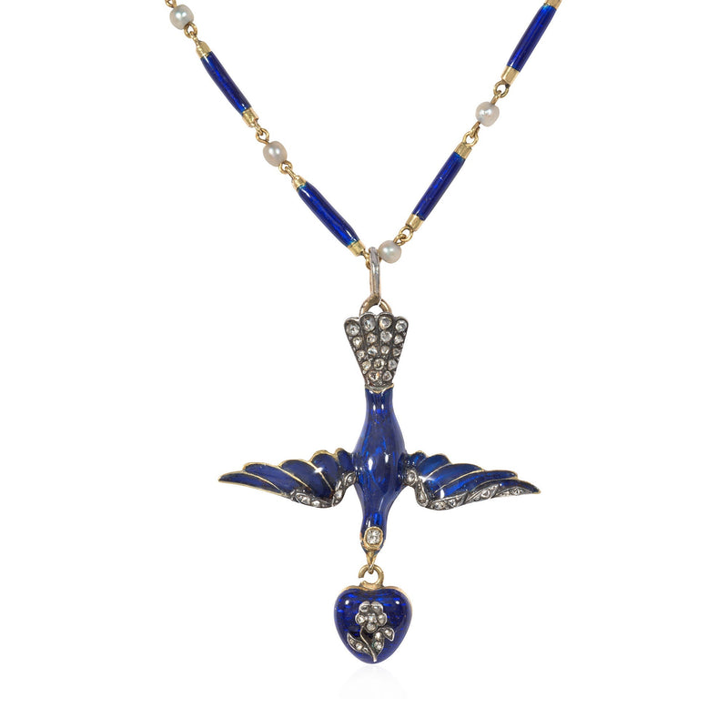 Antique French enamel and diamond bird and heart necklace