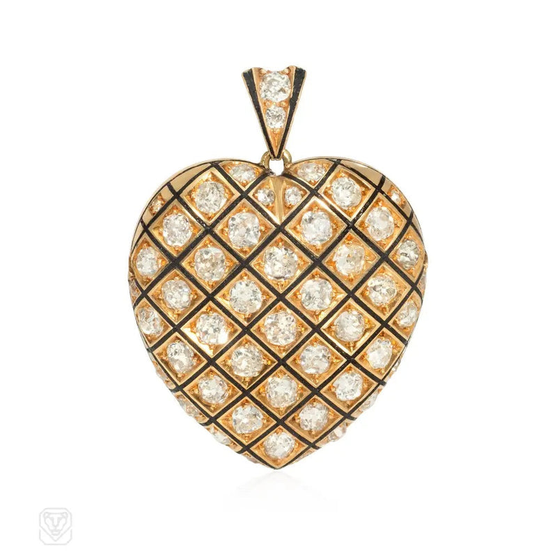 Antique enamel and diamond heart pendant