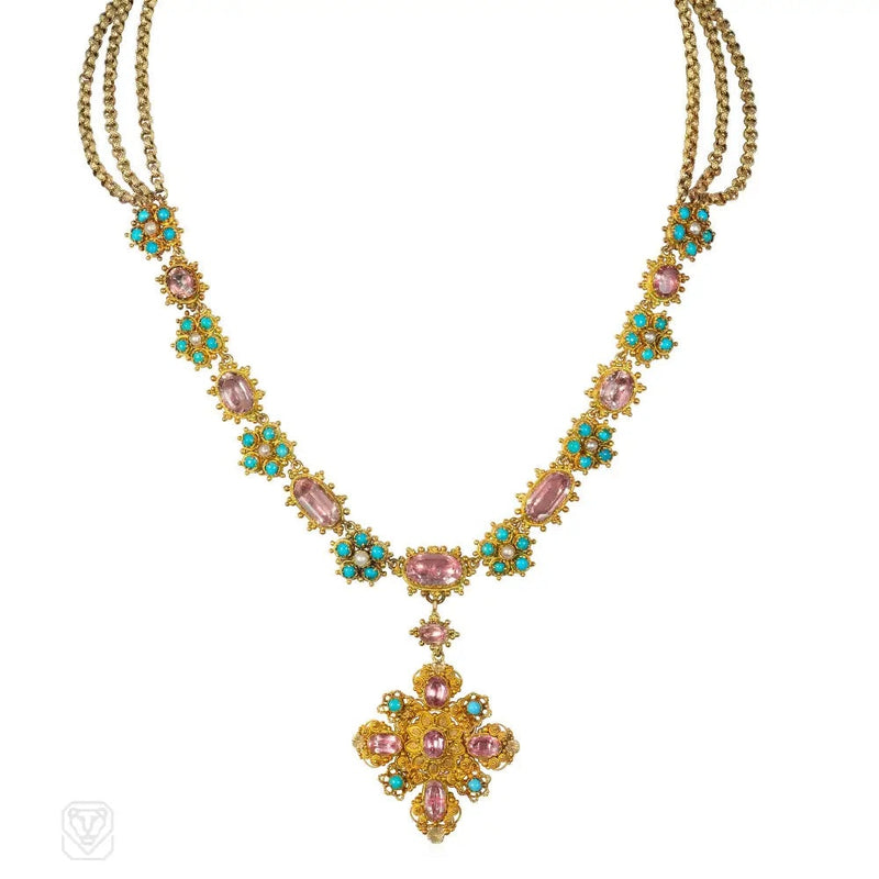 Antique pink topaz, pearl and turquoise cannetille necklace