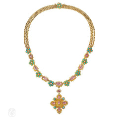 Antique pink topaz, pearl and turquoise cannetille necklace