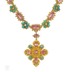 Antique pink topaz, pearl and turquoise cannetille necklace