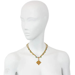 Antique pink topaz, pearl and turquoise cannetille necklace