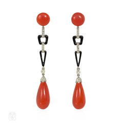 Art Deco French coral, enamel, and diamond earrings