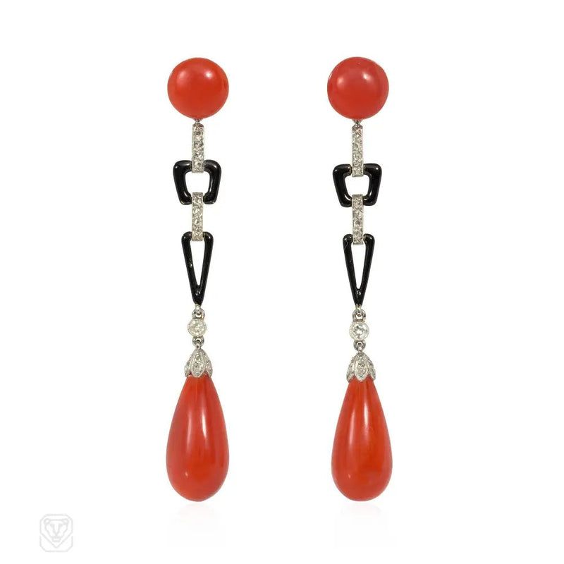 Art Deco French coral, enamel, and diamond earrings