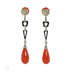 Art Deco French coral, enamel, and diamond earrings