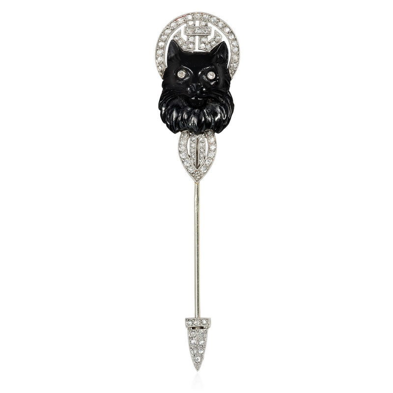 Art Deco Lacloche Frères onyx and diamond cat jabot pin