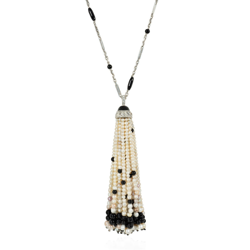 Art Deco onyx pearl and diamond tassel sautoir