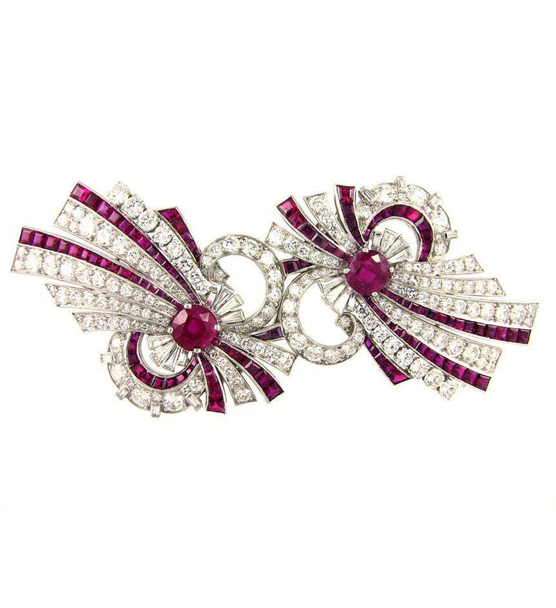 Retro ruby and diamond double clip brooch, Raymond Yard