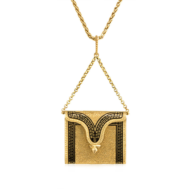 Antique gold and enamel book form locket on chain