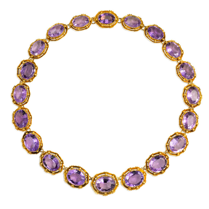 Antique amethyst rivière with scalloped gold frames