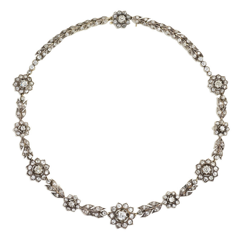 Antique style diamond flower cluster necklace