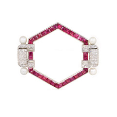 Art Deco calibré  ruby, diamond, and pearl brooch