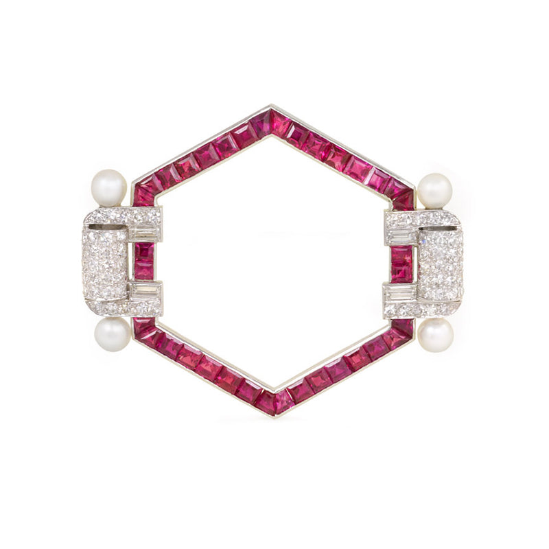 Art Deco calibré  ruby, diamond, and pearl brooch
