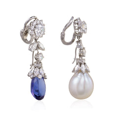 Diamond earrings with interchangeable pearl or tanzanite pendants, Oscar Heyman