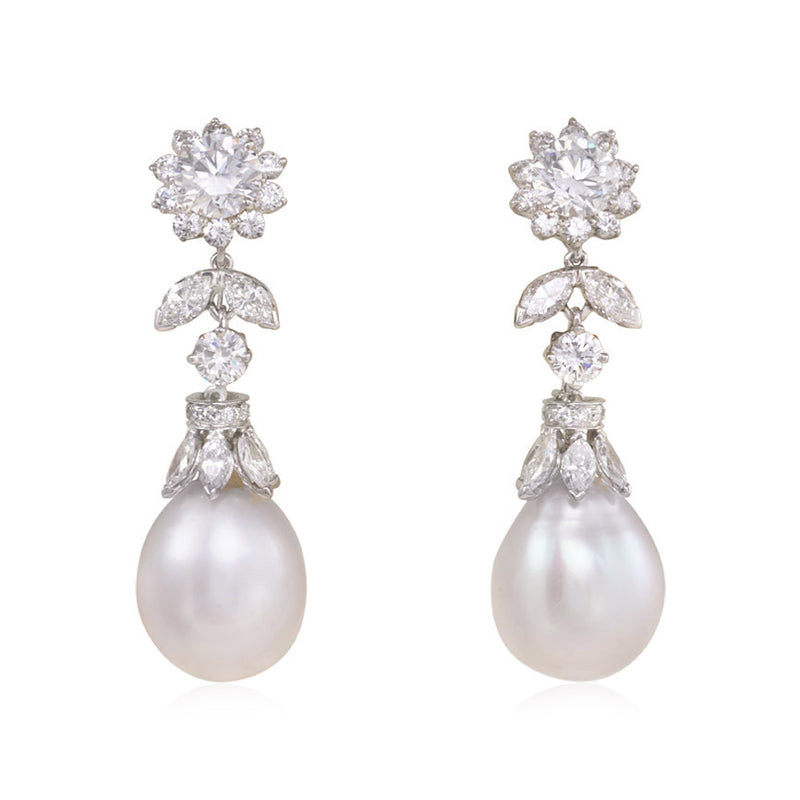 Diamond earrings with interchangeable pearl or tanzanite pendants, Oscar Heyman