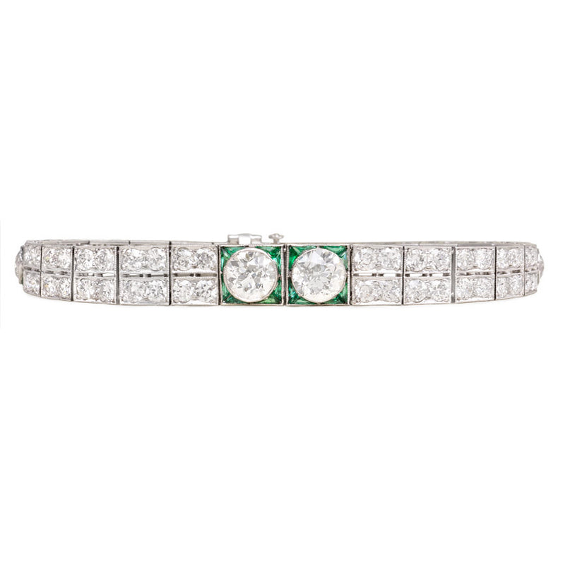 Art Deco tapered diamond and emerald bracelet