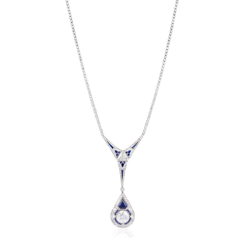 Art Deco diamond lavalier with Palin sapphire and diamond pendant