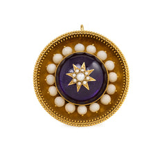 Antique gold, foiled amethyst, coral, and pearl target brooch