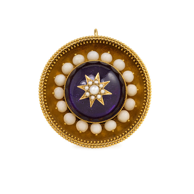 Antique gold, foiled amethyst, coral, and pearl target brooch