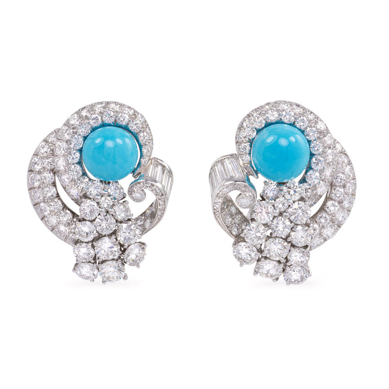 Turquoise and diamond clip earrings