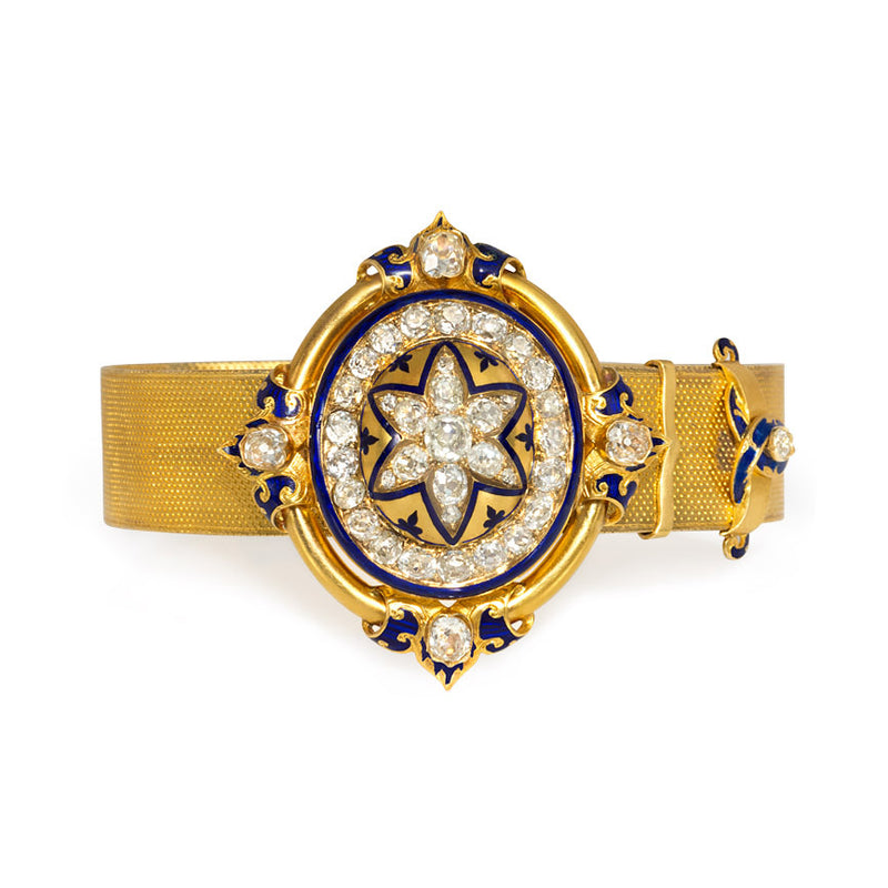 Antique gold, diamond, and enamel jarretière bracelet