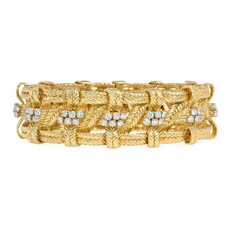 Mid-century gold and diamond woven design bracelet