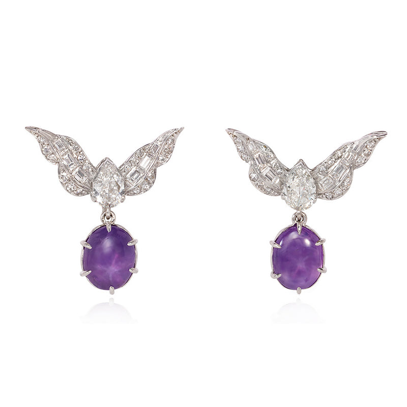 Retro star sapphire and diamond wing earrings