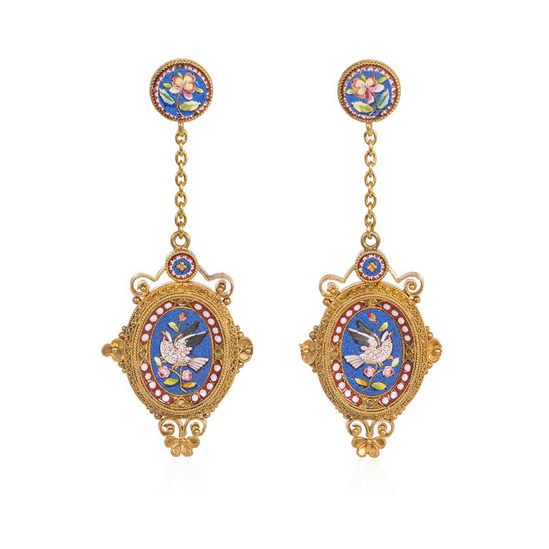 Antique gold and micromosaic earrings of floral and dove motifs