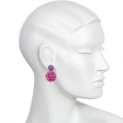 Glass and crystal beaded ball earrings in violet and pink