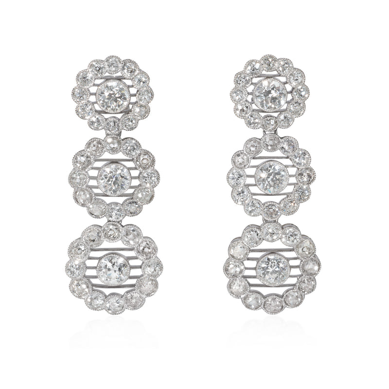 Mid-century diamond three-cluster pendant earrings