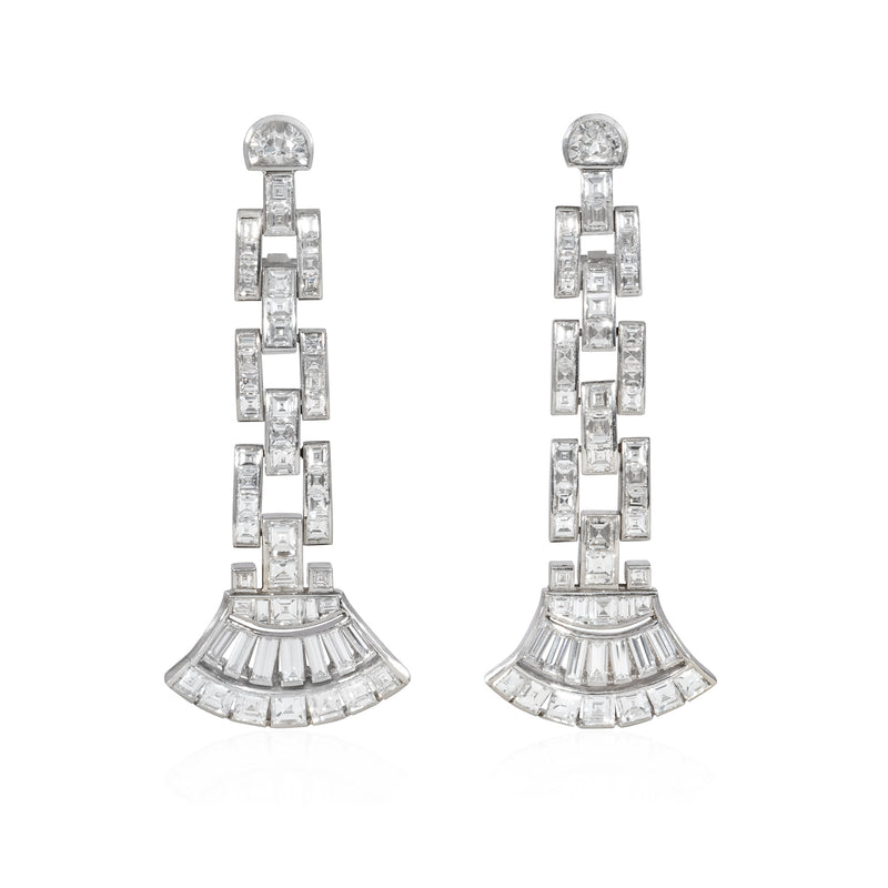 Mid-century diamond tank link earrings with fan terminals