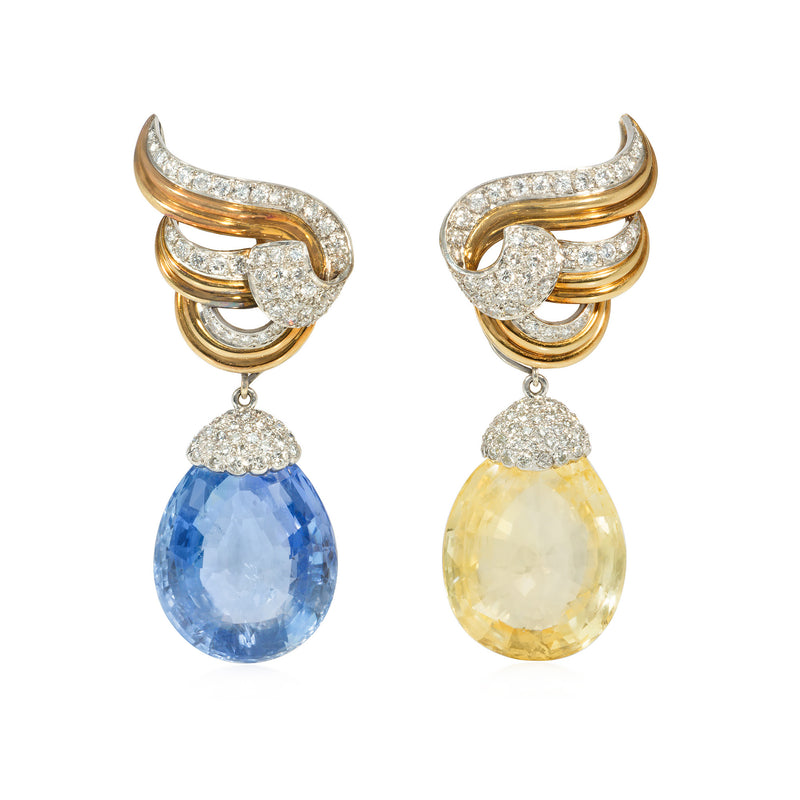 Verdura yellow and blue sapphire scrolled earrings